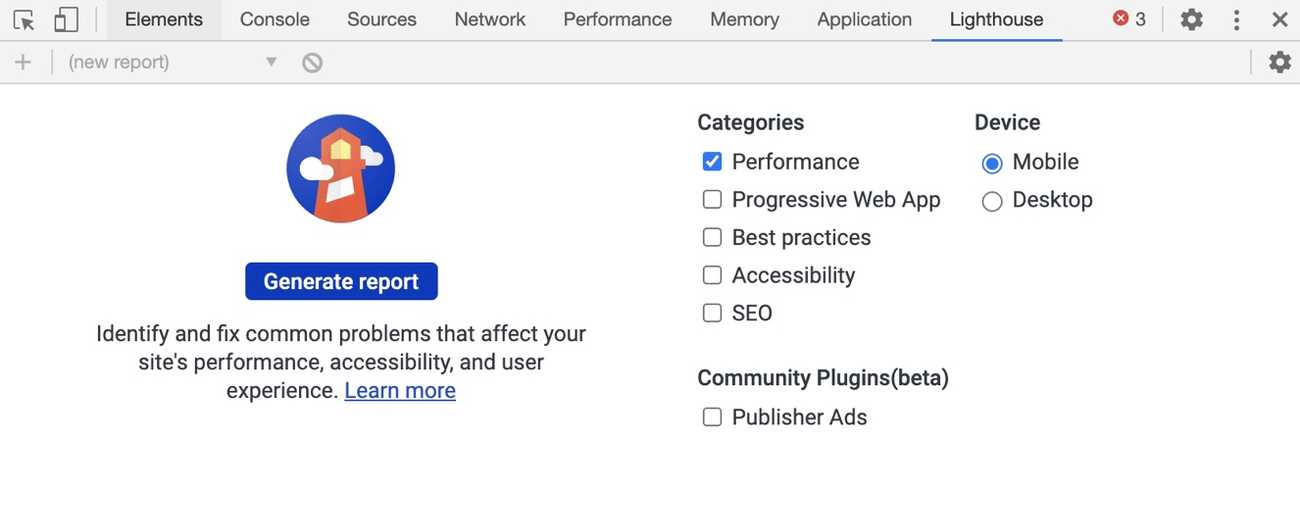 Lighthouse page speed optimization tool in Google Chrome